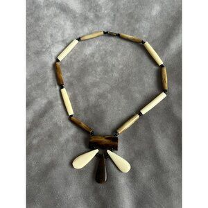 Vintage Handmade Bone & Wood Beaded Necklace With Pendant And Barrel Clasp